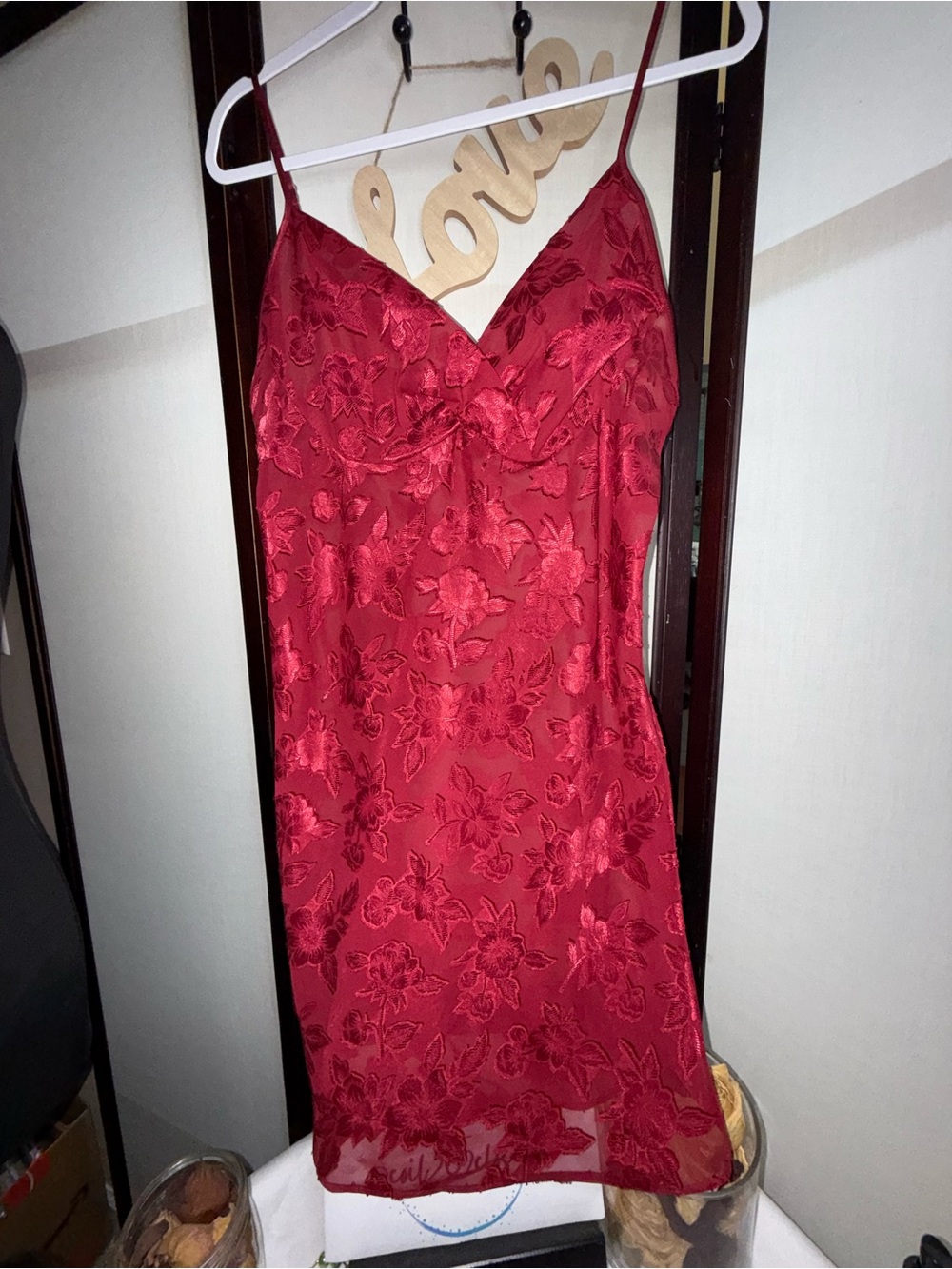 Red Floral Sheer Slip Dress - Elegant Women's Dress